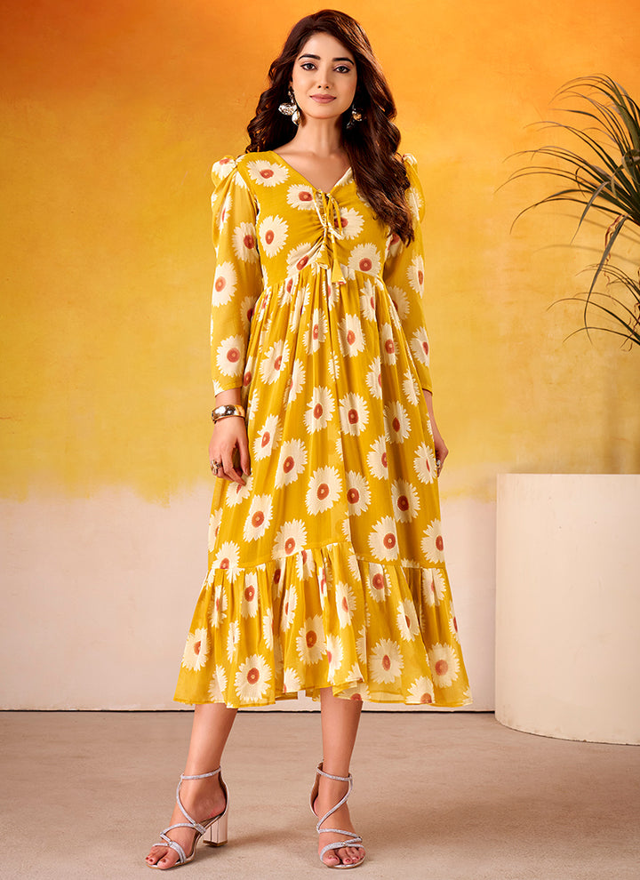 Floral Print Mustard Long Sleeve Tiered Midi Dress