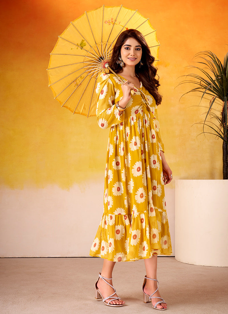Floral Print Mustard Long Sleeve Tiered Midi Dress