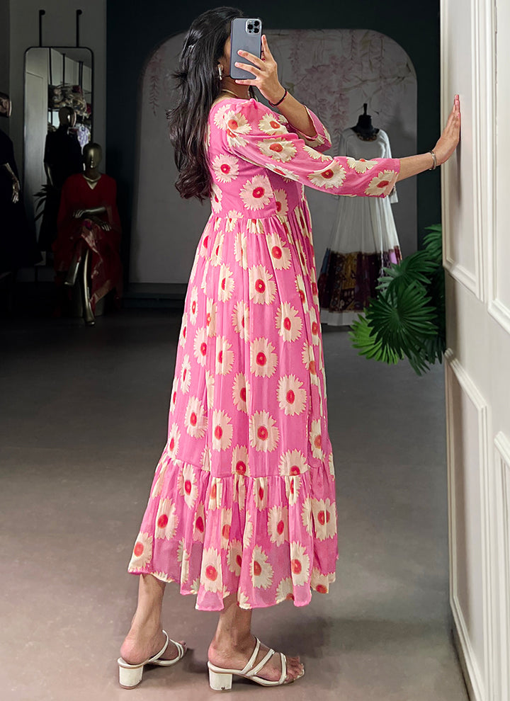 Floral Print Candy Pink Long Sleeve Tiered Midi Dress