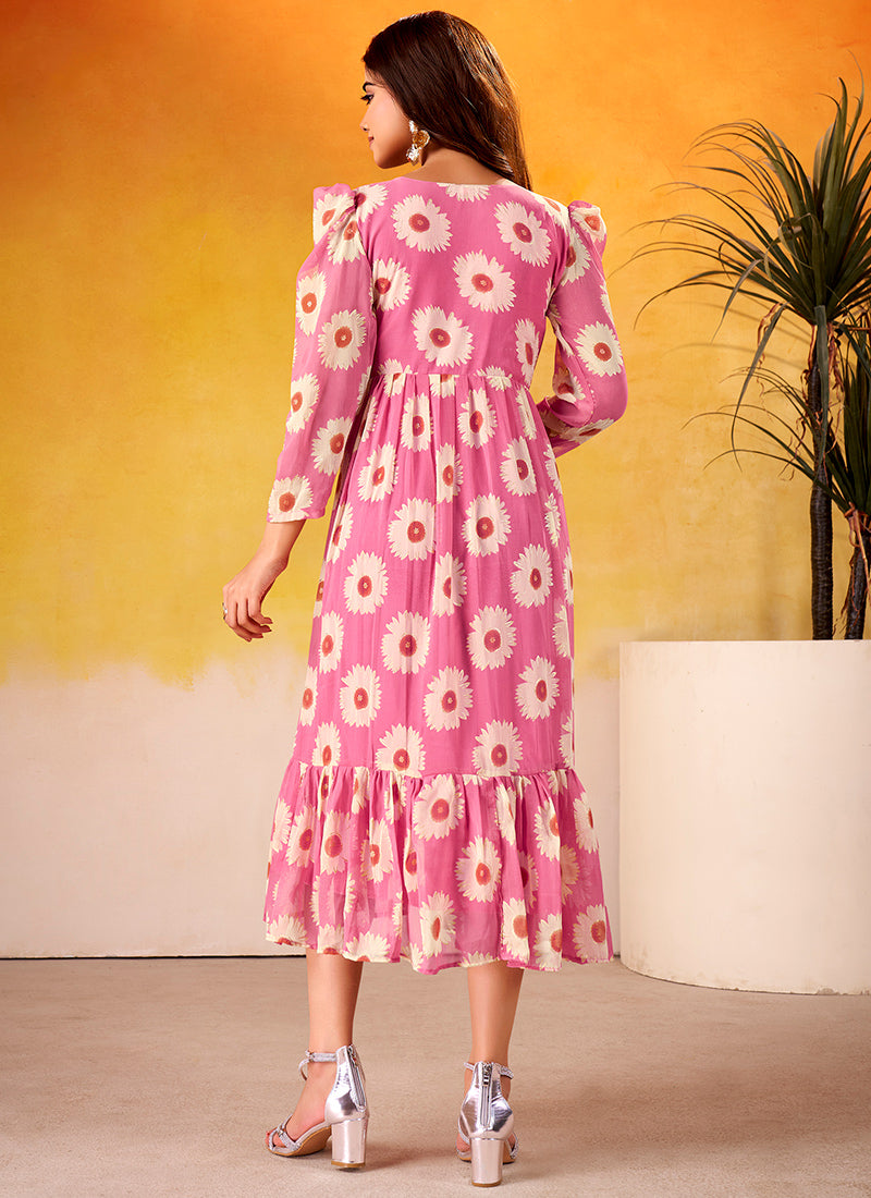 Floral Print Candy Pink Long Sleeve Tiered Midi Dress