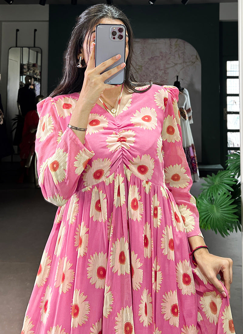 Floral Print Candy Pink Long Sleeve Tiered Midi Dress