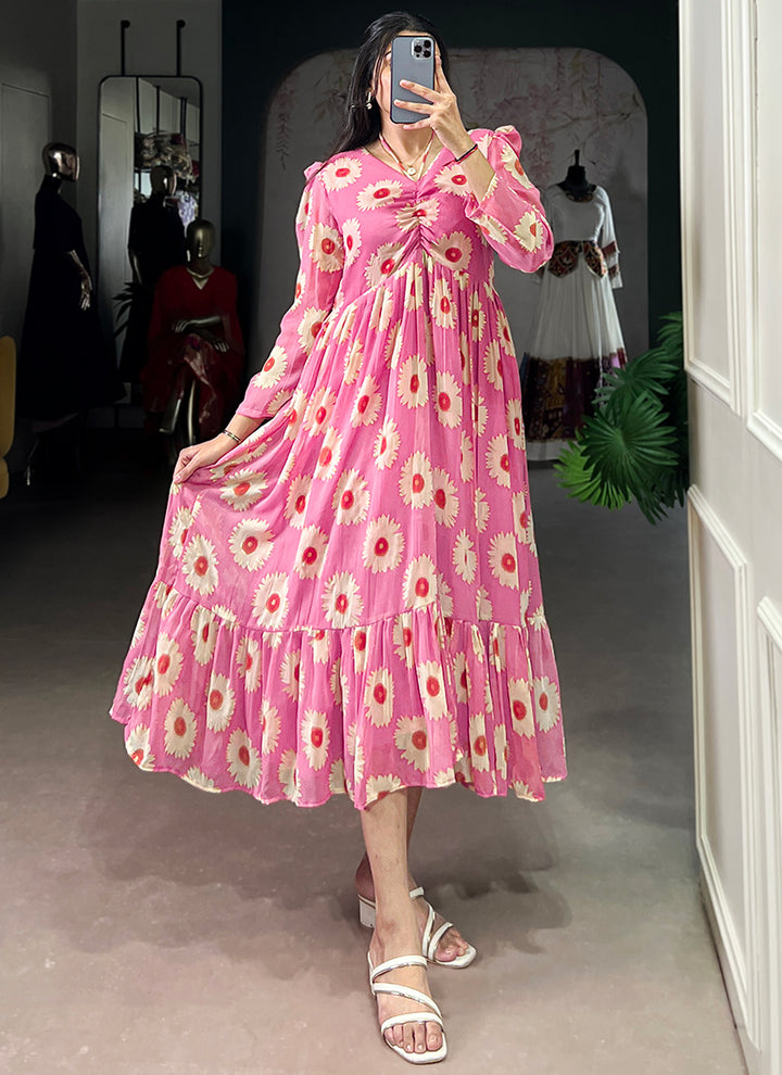 Floral Print Candy Pink Long Sleeve Tiered Midi Dress