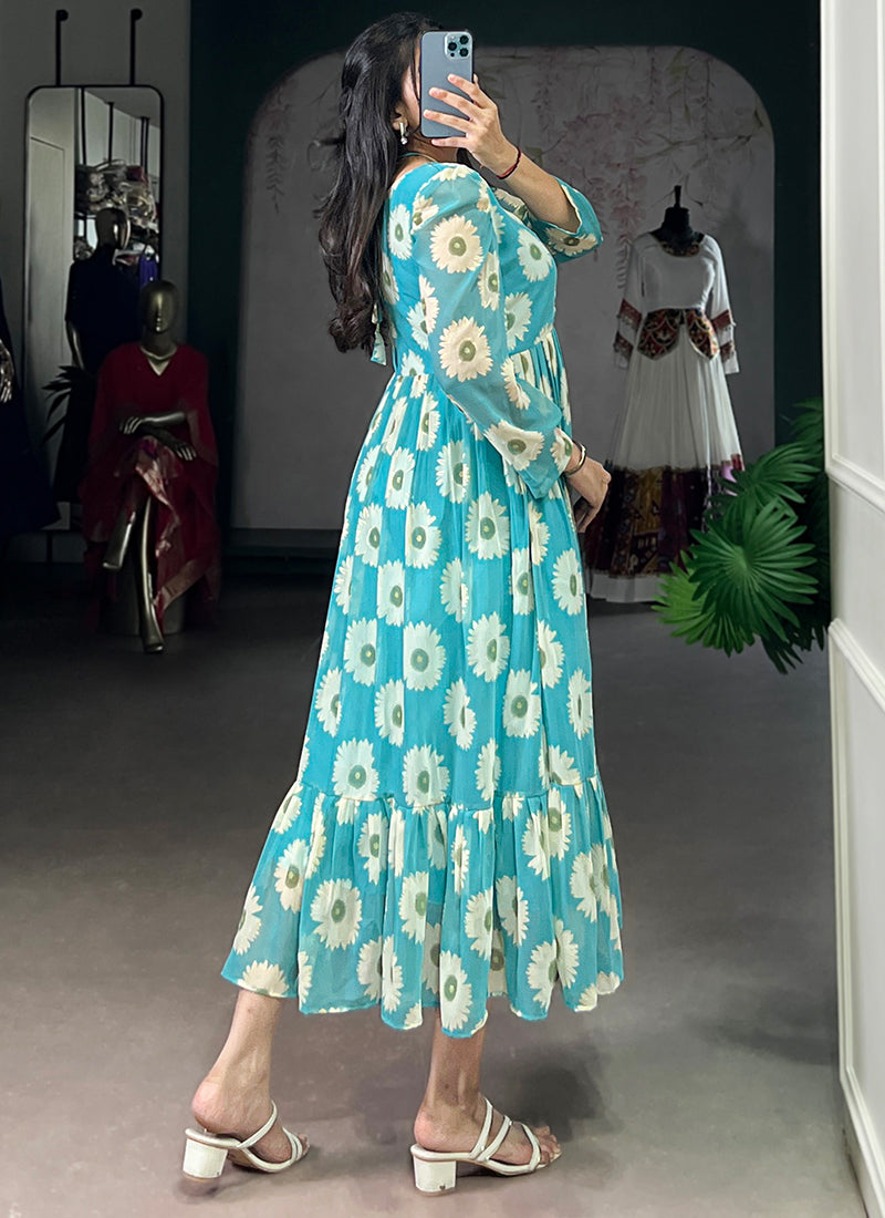 Floral Print Aqua Blue Long Sleeve Tiered Midi Dress