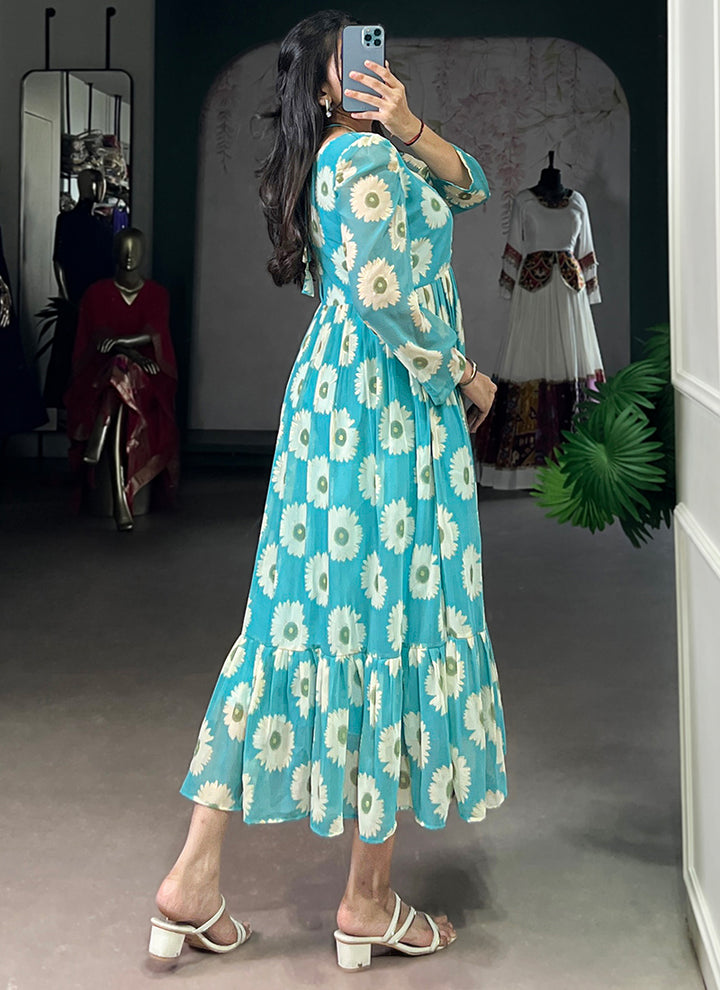 Floral Print Aqua Blue Long Sleeve Tiered Midi Dress