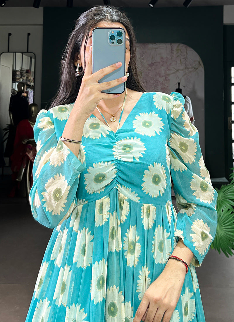 Floral Print Aqua Blue Long Sleeve Tiered Midi Dress