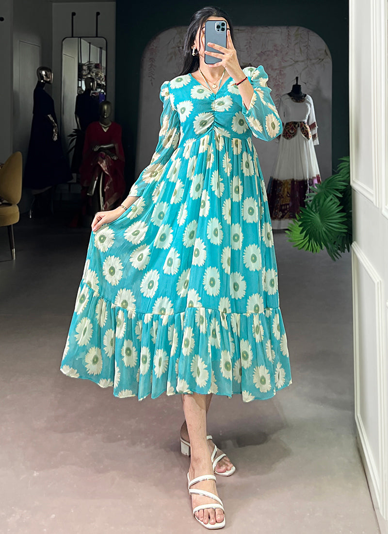 Floral Print Aqua Blue Long Sleeve Tiered Midi Dress