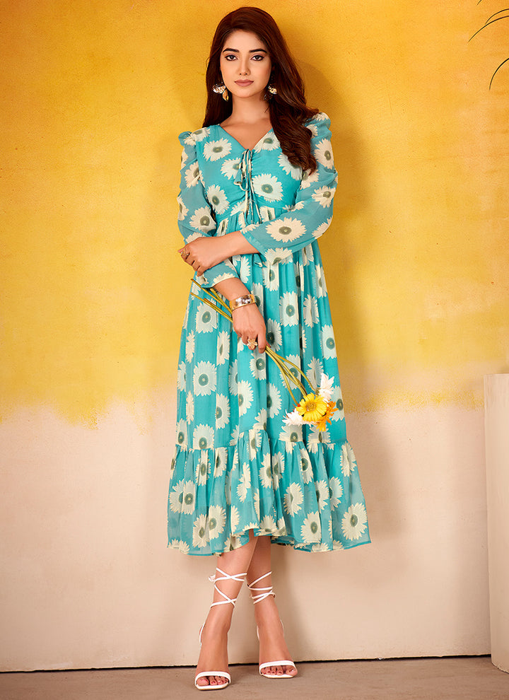 Floral Print Aqua Blue Long Sleeve Tiered Midi Dress