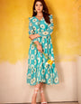 Floral Print Aqua Blue Long Sleeve Tiered Midi Dress