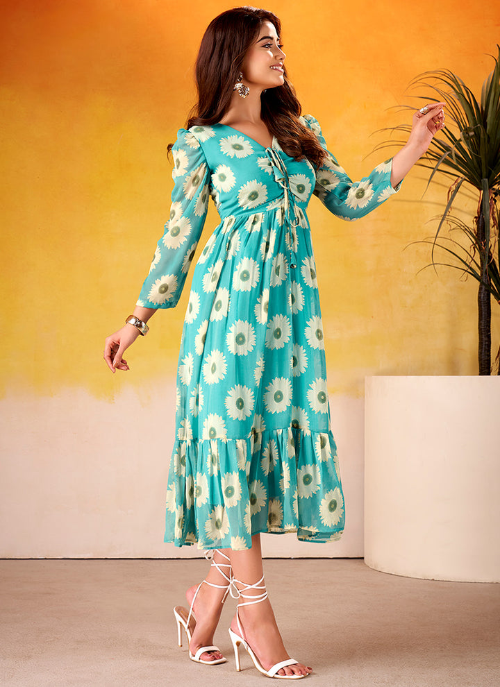 Floral Print Aqua Blue Long Sleeve Tiered Midi Dress