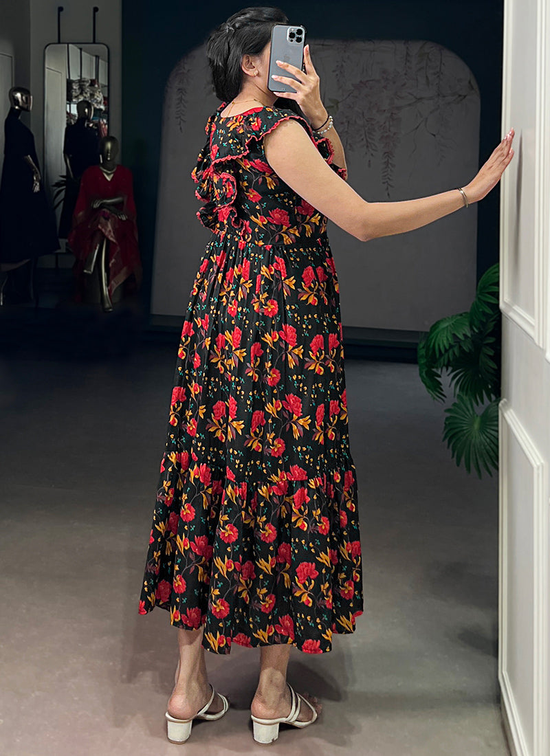 Black Muslin Silk Tiered Floral Printed Midi Dress