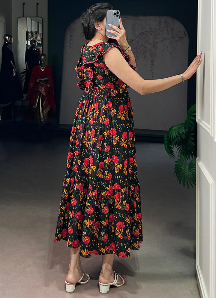 Black Muslin Silk Tiered Floral Printed Midi Dress