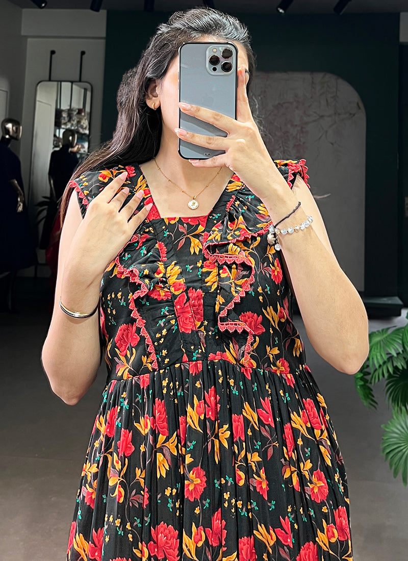 Black Muslin Silk Tiered Floral Printed Midi Dress