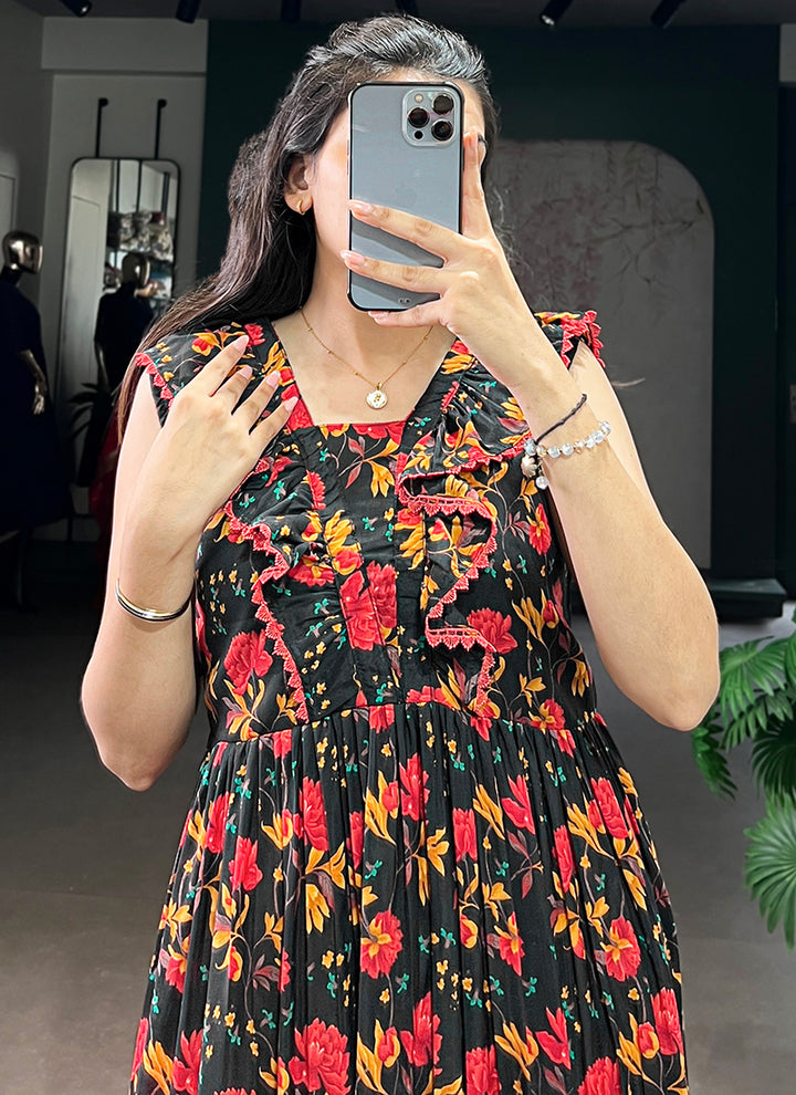 Black Muslin Silk Tiered Floral Printed Midi Dress