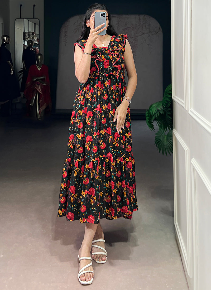 Black Muslin Silk Tiered Floral Printed Midi Dress