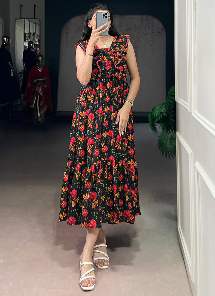 Black Muslin Silk Tiered Floral Printed Midi Dress