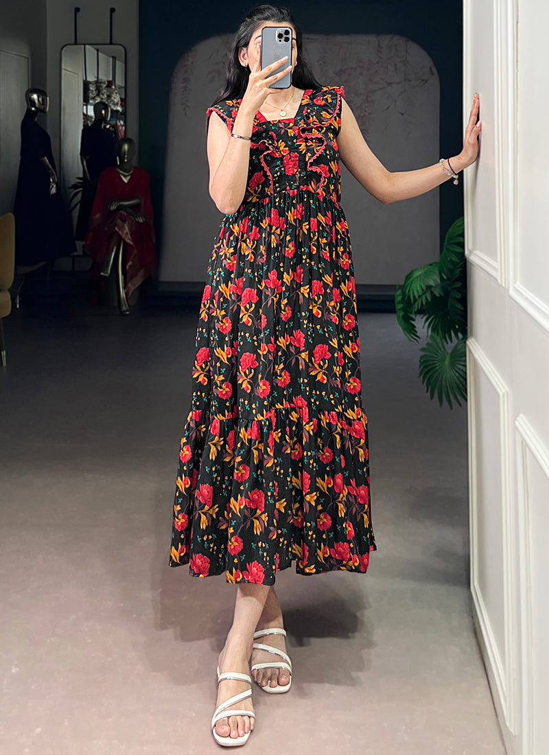 Black Muslin Silk Tiered Floral Printed Midi Dress