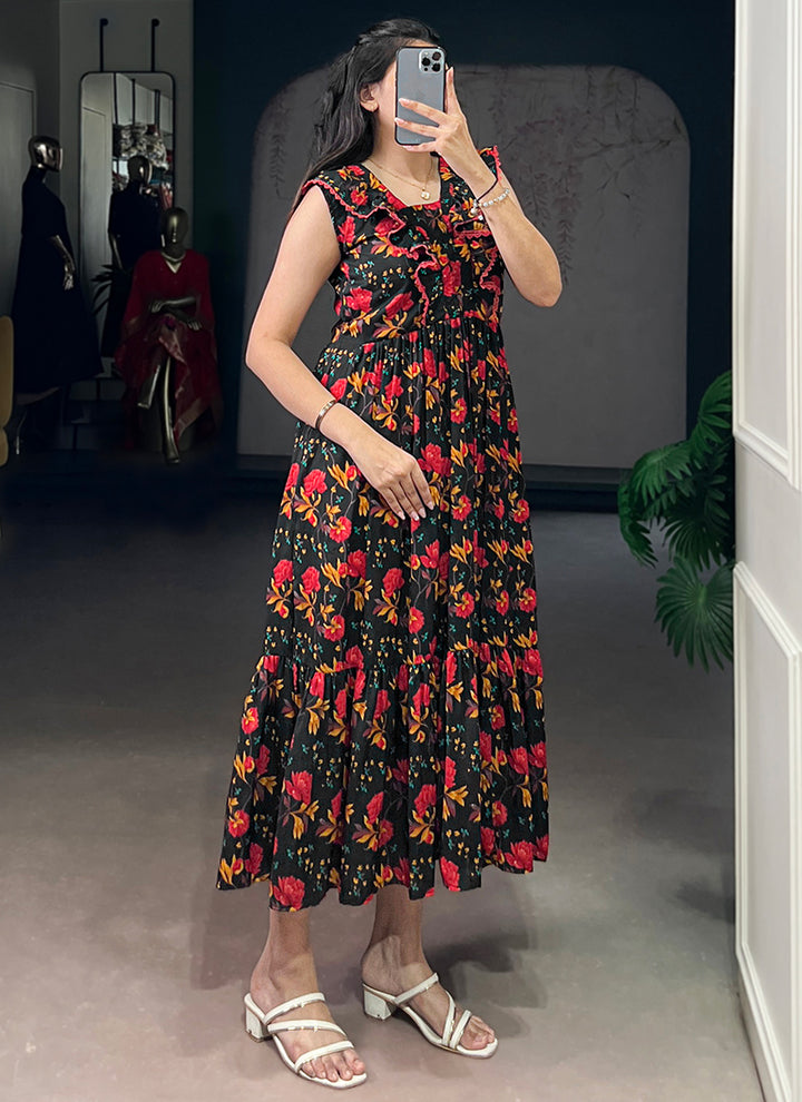 Black Muslin Silk Tiered Floral Printed Midi Dress