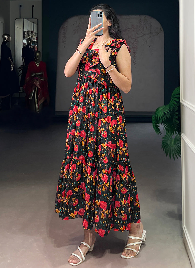 Black Muslin Silk Tiered Floral Printed Midi Dress