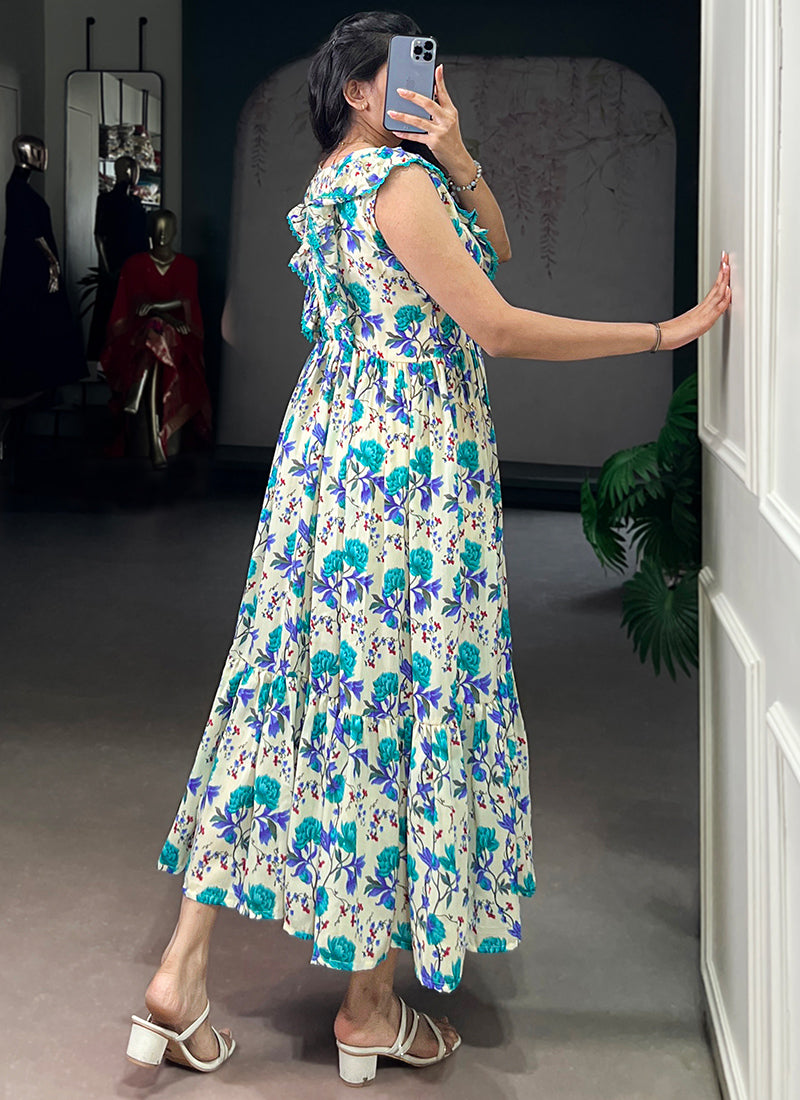 Cream And Firozi Muslin Silk Floral Printed Midi Dress