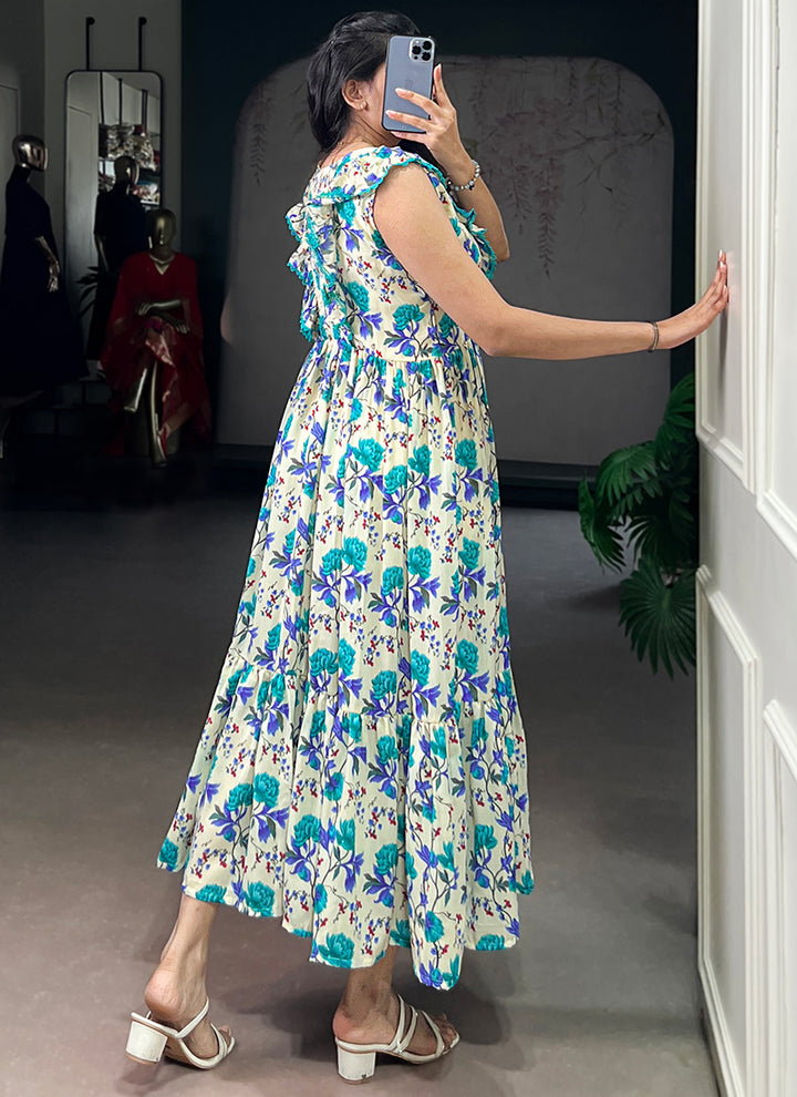 Cream And Firozi Muslin Silk Floral Printed Midi Dress