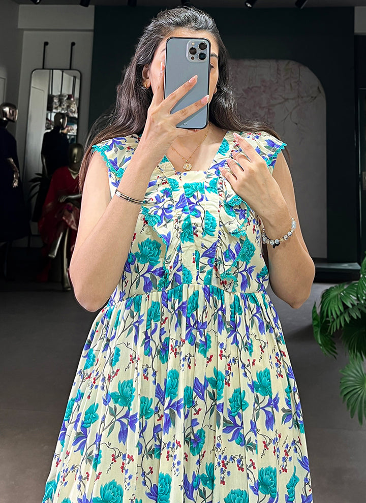 Cream And Firozi Muslin Silk Floral Printed Midi Dress