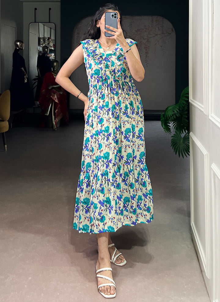 Cream And Firozi Muslin Silk Floral Printed Midi Dress