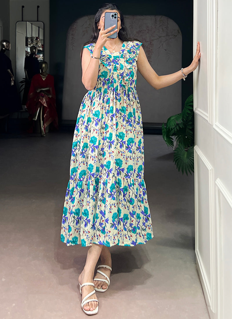 Cream And Firozi Muslin Silk Floral Printed Midi Dress