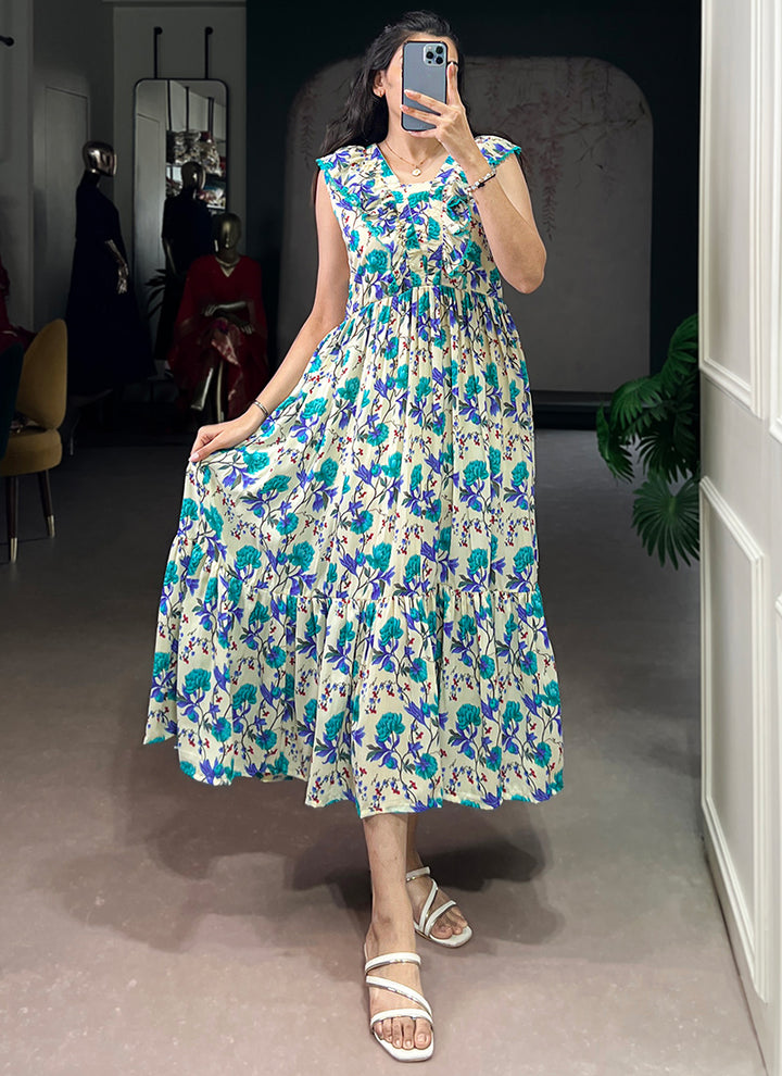Cream And Firozi Muslin Silk Floral Printed Midi Dress