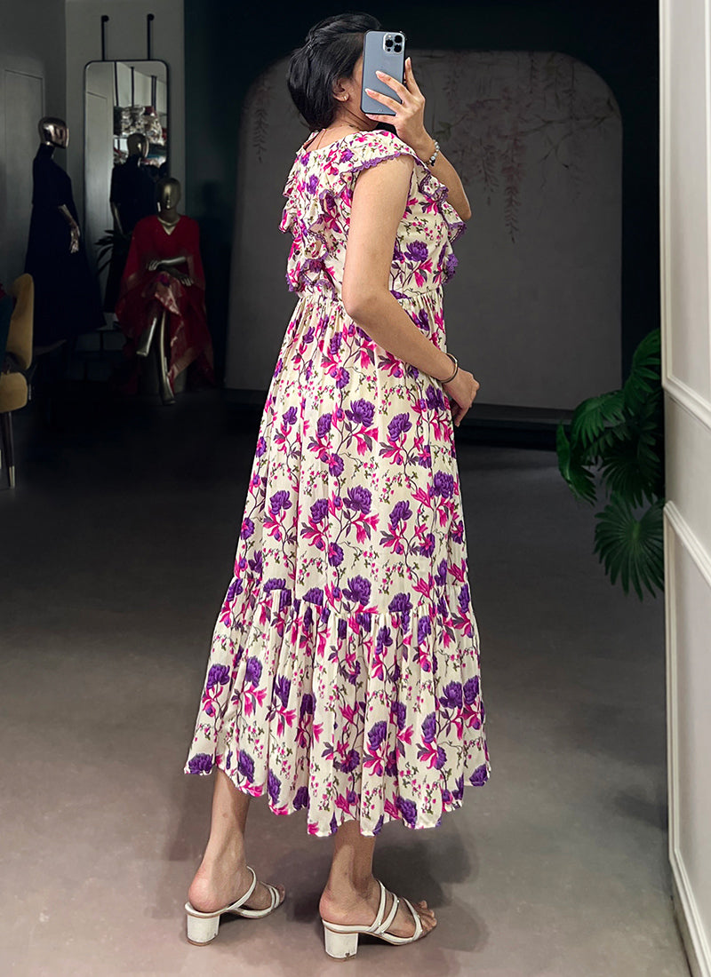 Muslin Silk Cream And Purple Floral Printed Midi Dress