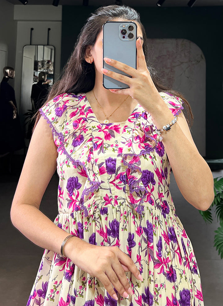 Muslin Silk Cream And Purple Floral Printed Midi Dress