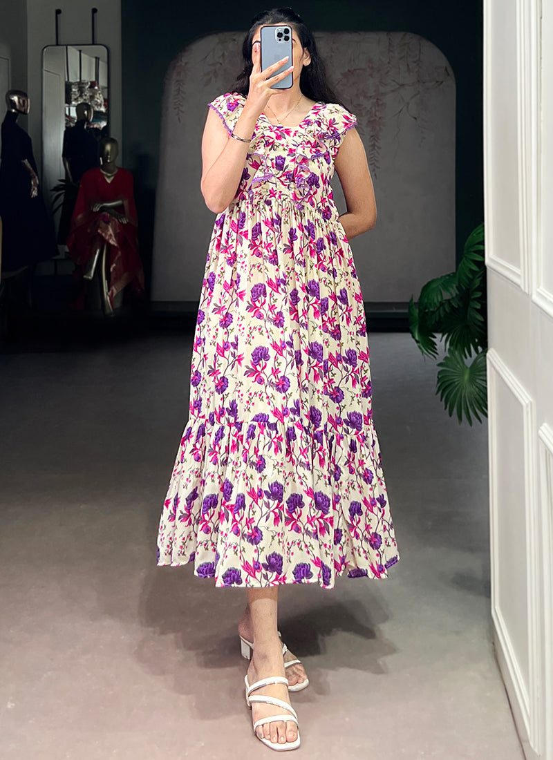 Muslin Silk Cream And Purple Floral Printed Midi Dress