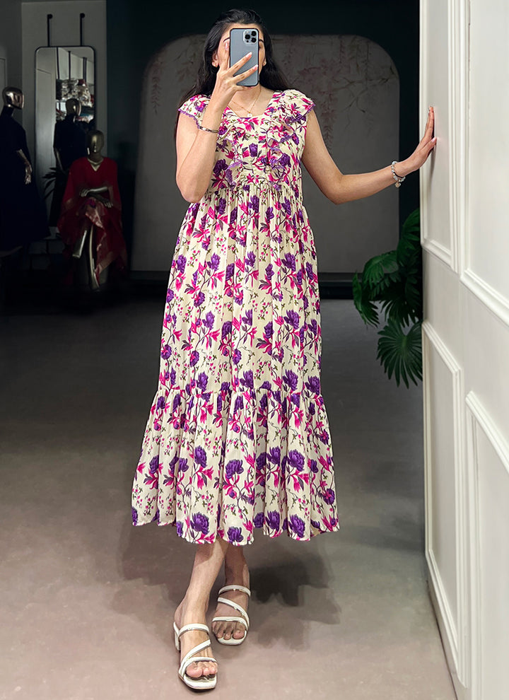 Muslin Silk Cream And Purple Floral Printed Midi Dress