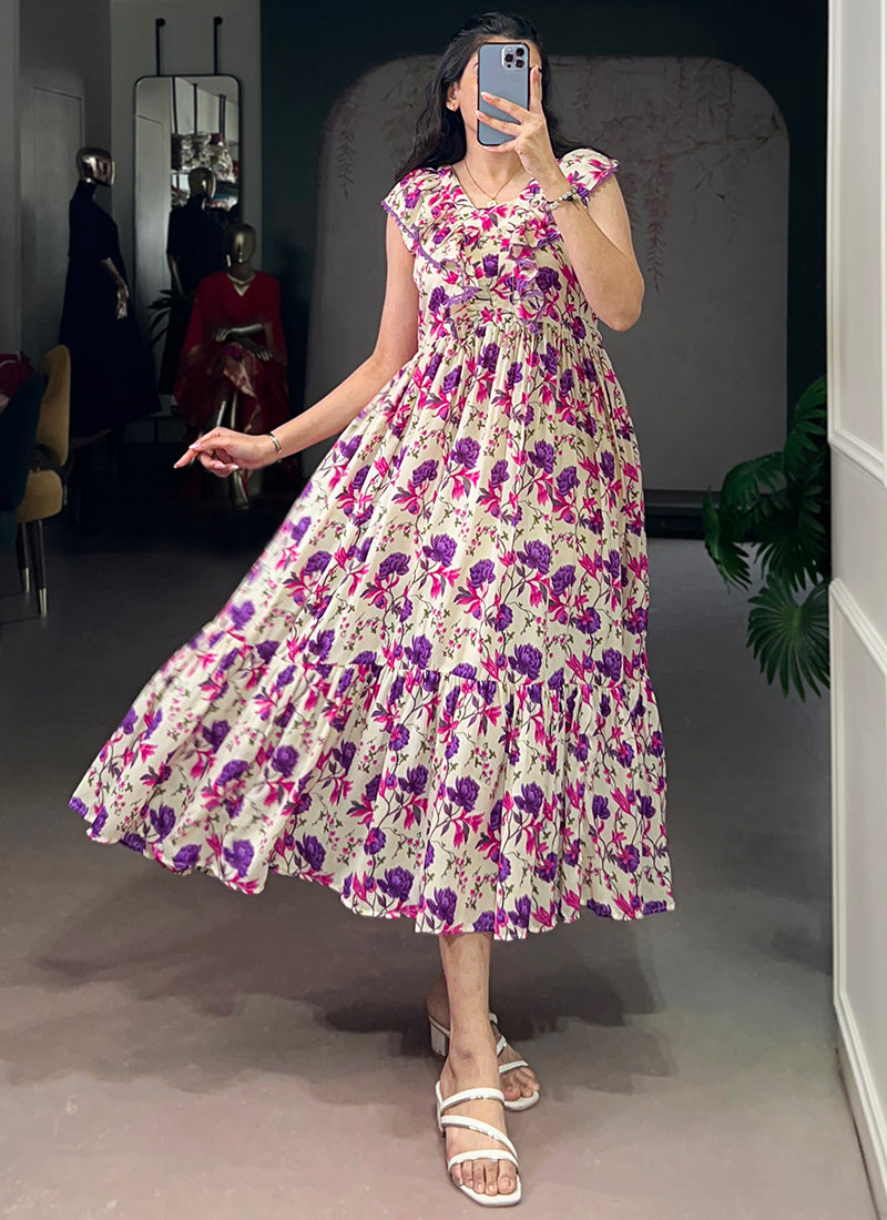 Muslin Silk Cream And Purple Floral Printed Midi Dress