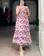 Muslin Silk Cream And Purple Floral Printed Midi Dress