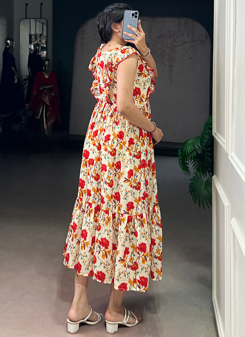 Cream And Red Muslin Silk Floral Printed Midi Dress