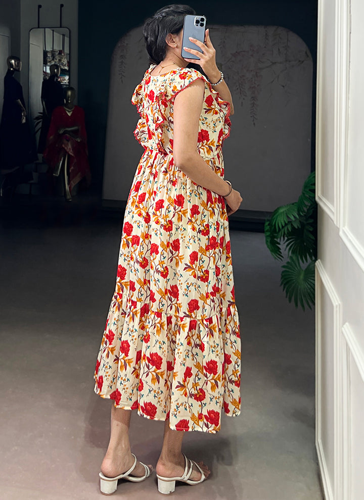 Cream And Red Muslin Silk Floral Printed Midi Dress