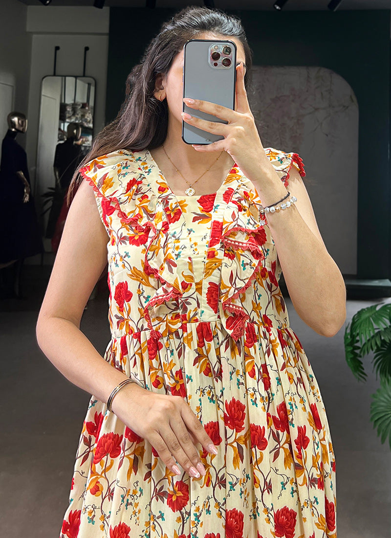 Cream And Red Muslin Silk Floral Printed Midi Dress