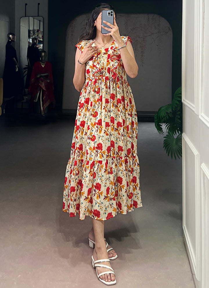 Cream And Red Muslin Silk Floral Printed Midi Dress