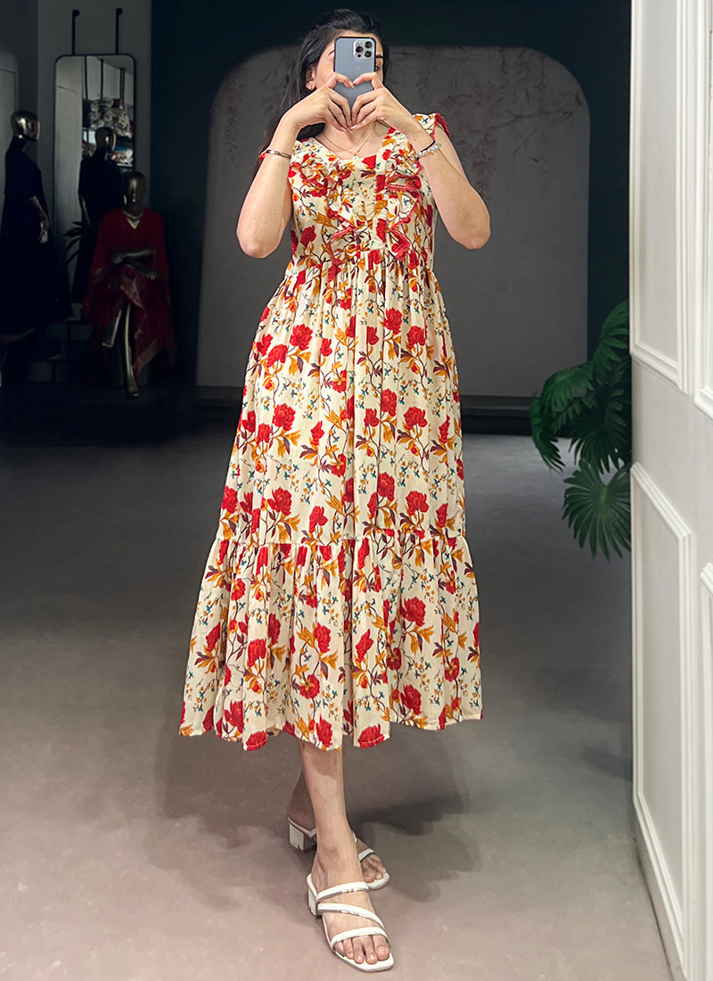 Cream And Red Muslin Silk Floral Printed Midi Dress
