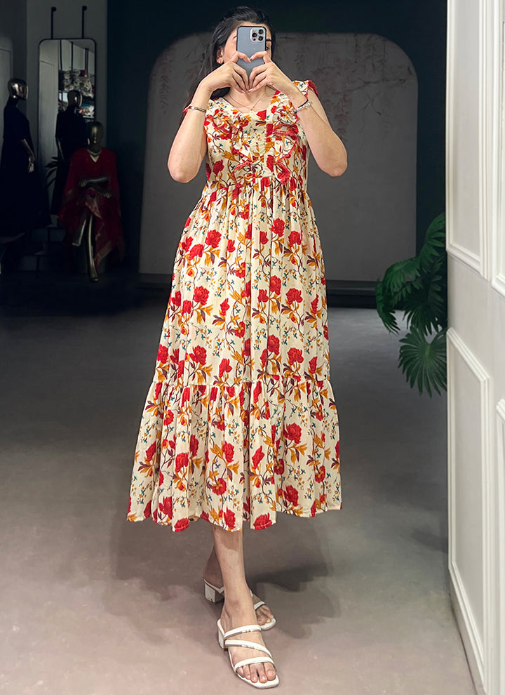 Cream And Red Muslin Silk Floral Printed Midi Dress