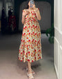 Cream And Red Muslin Silk Floral Printed Midi Dress