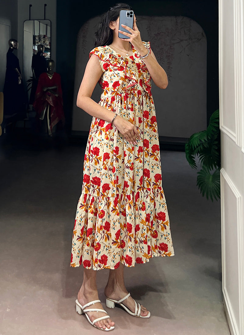 Cream And Red Muslin Silk Floral Printed Midi Dress