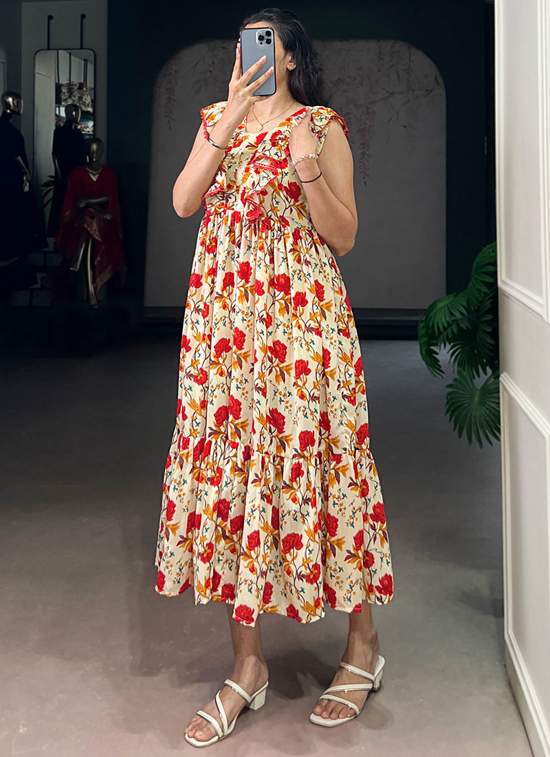 Cream And Red Muslin Silk Floral Printed Midi Dress