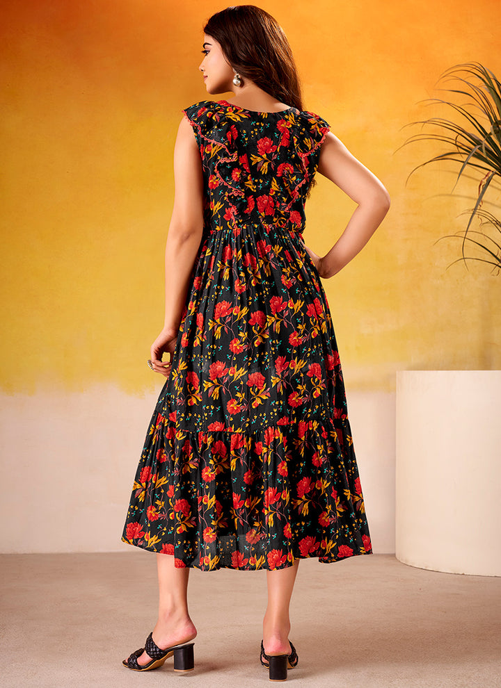 Black Muslin Silk Tiered Floral Printed Midi Dress
