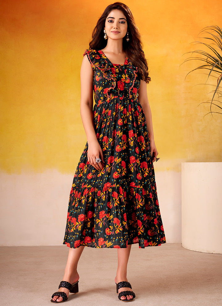 Black Muslin Silk Tiered Floral Printed Midi Dress