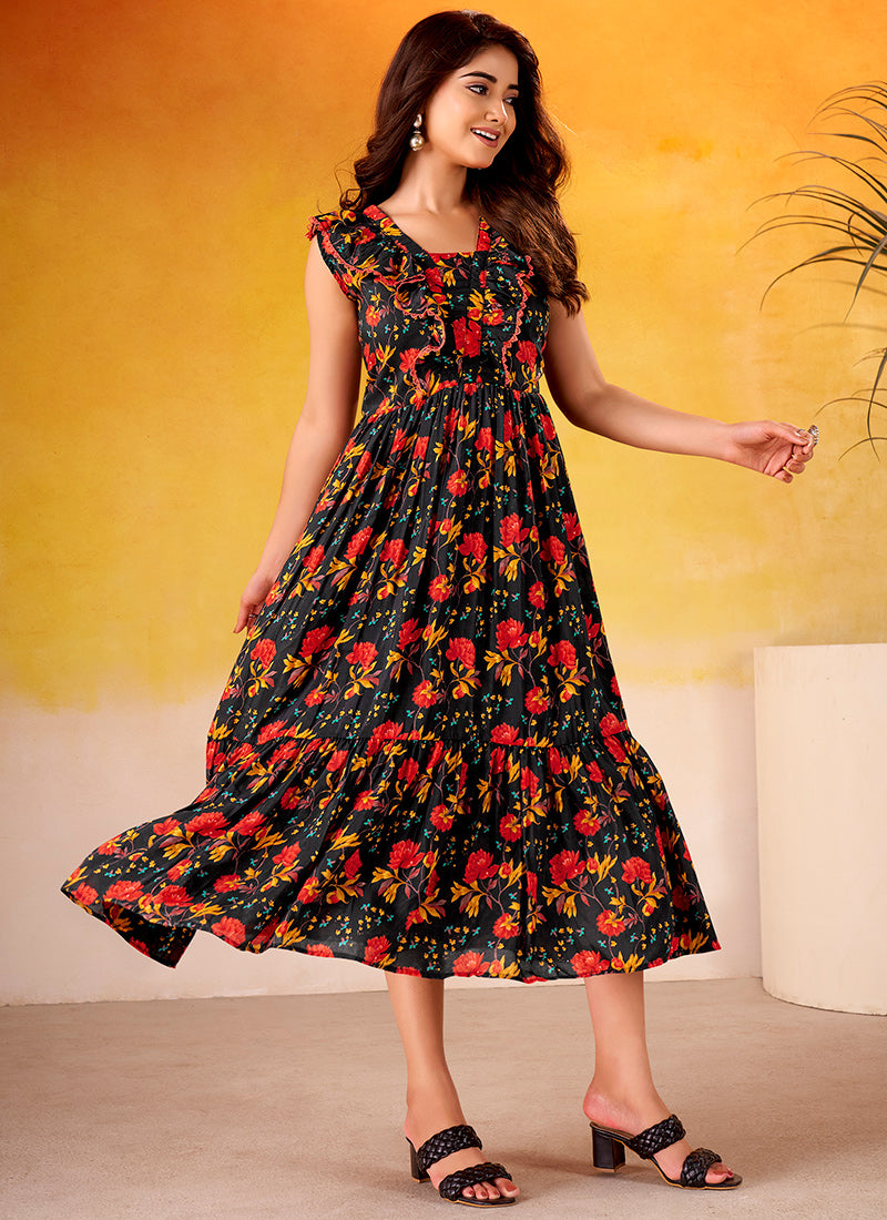 Black Muslin Silk Tiered Floral Printed Midi Dress