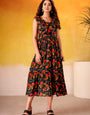 Black Muslin Silk Tiered Floral Printed Midi Dress