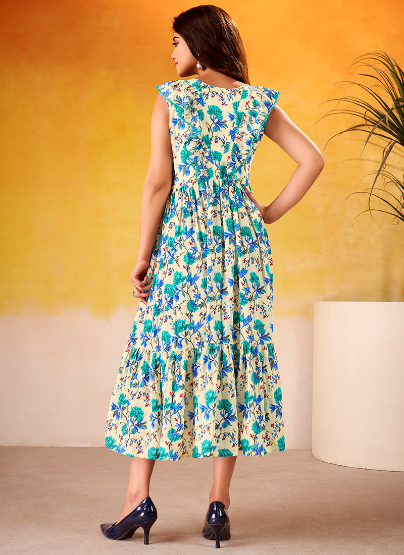 Cream And Firozi Muslin Silk Floral Printed Midi Dress