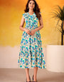 Cream And Firozi Muslin Silk Floral Printed Midi Dress