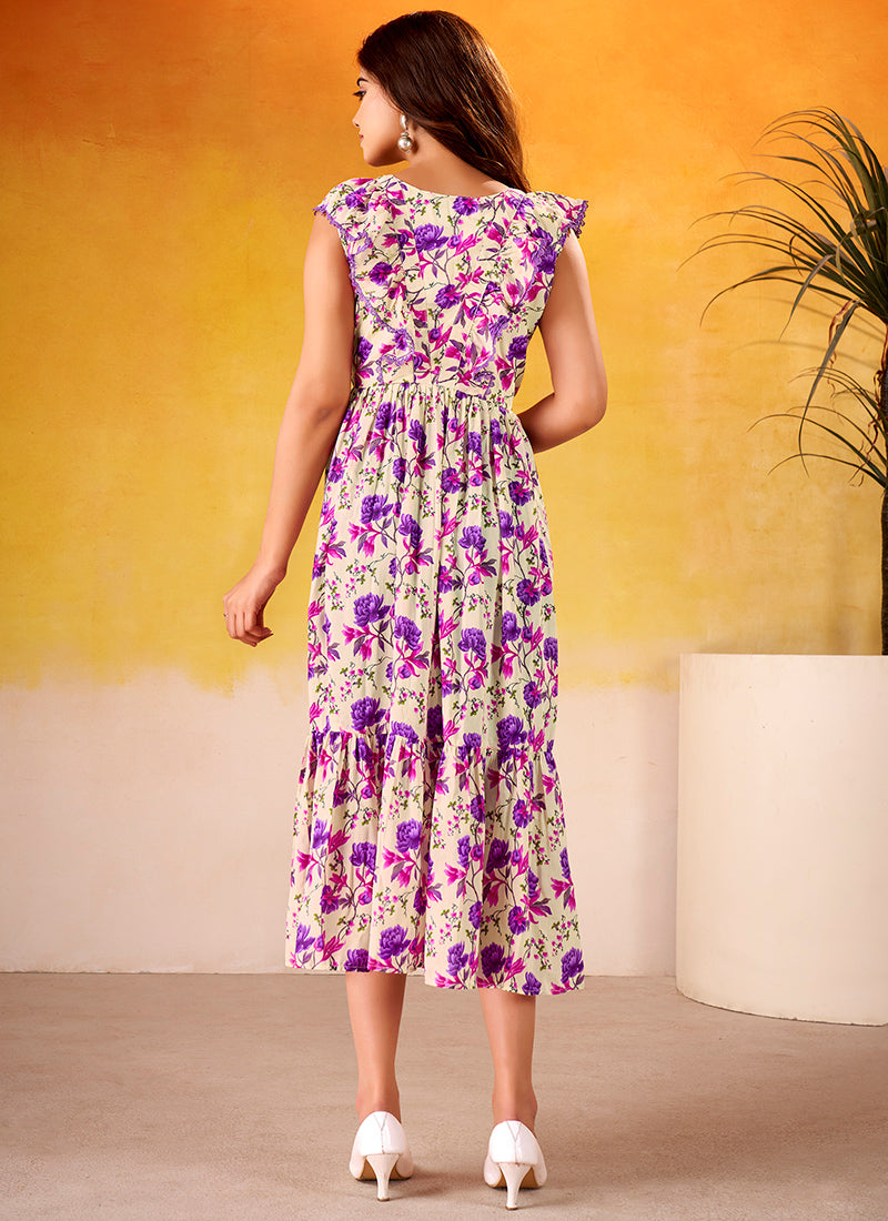 Muslin Silk Cream And Purple Floral Printed Midi Dress
